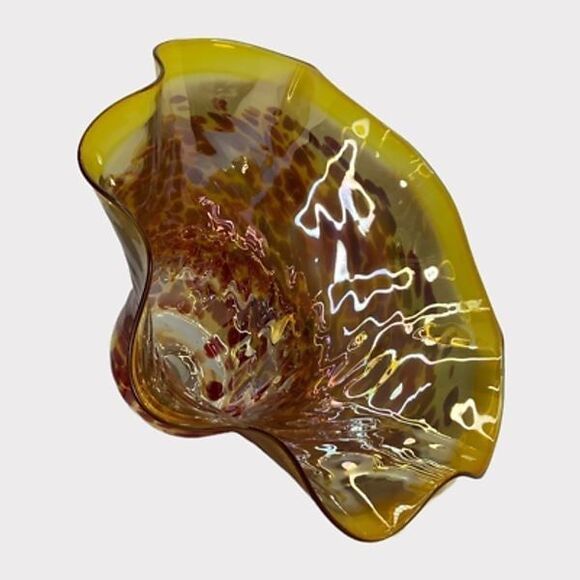 Wimberley Glass Works Art Bowl Vase Ruffled Scalloped Edges Amber Red Signed New - Picture 8 of 12